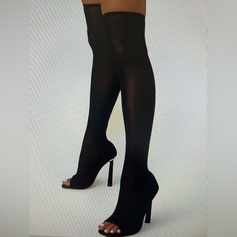 NEW/NEVER WORN EGO BLACK OVER THE KNEE OPEN TOE MESH BOOT 10M/UK8
